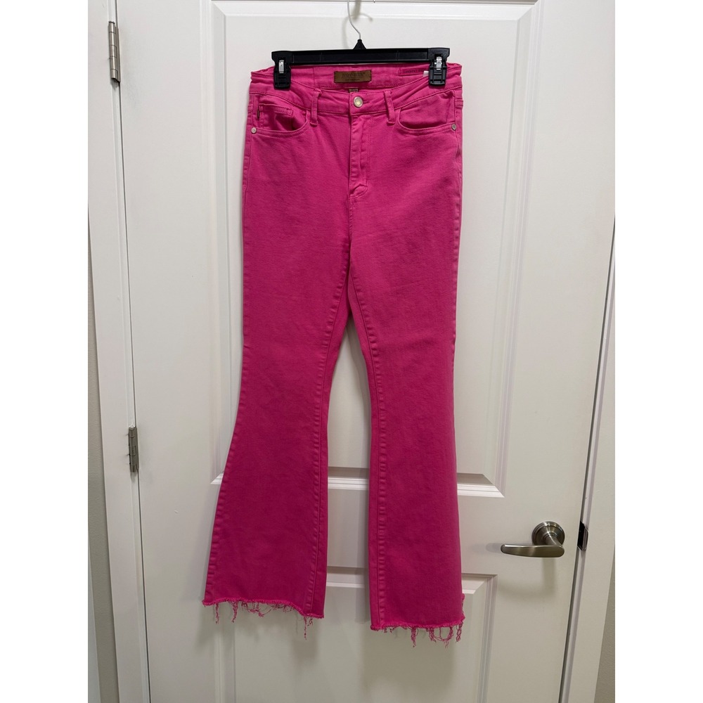 Judy Blue Hot Pink High Rise Flare Jeans Raw Hem Size 7/28 Bell Bottoms